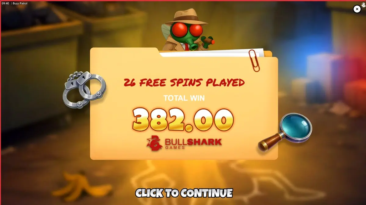 Tampilan visual slot Buzz Patrol dengan karakter lalat polisi kartun