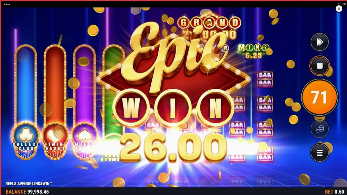 Tampilan visual futuristik dan neon dari slot Reels Avenue Link&Win