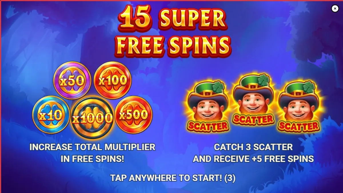 Leprechaun ceria di depan hutan ajaib dalam slot Lucky Penny Power Scatter